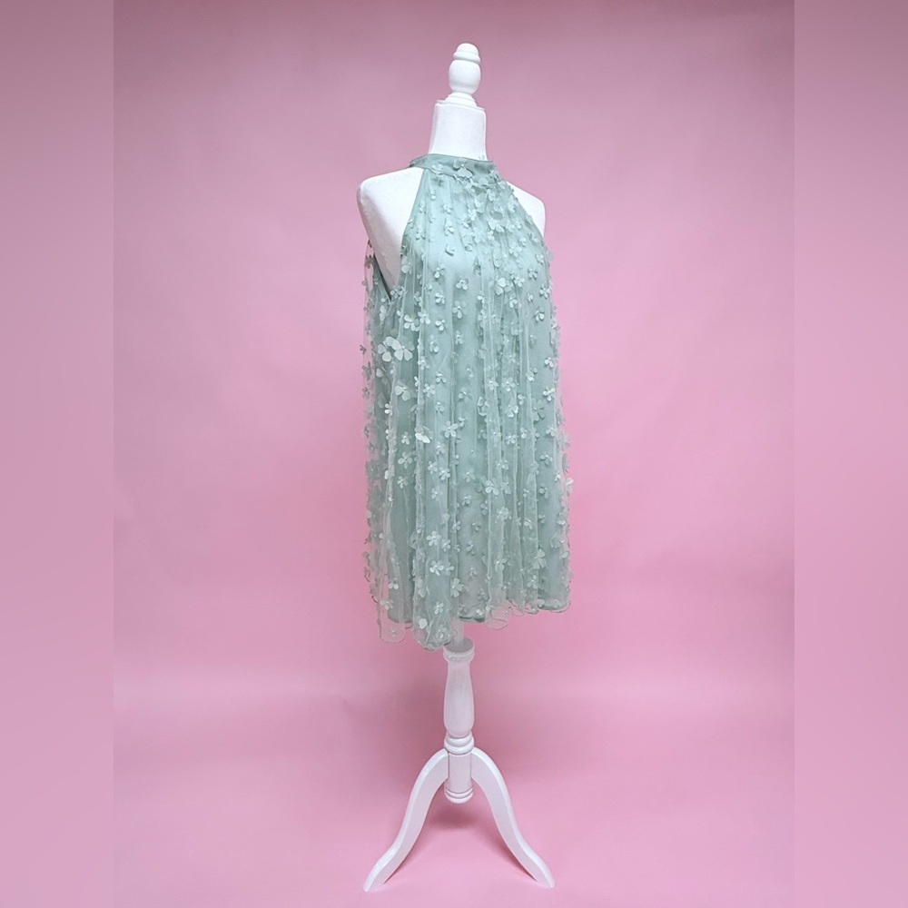 Easel Sage Green Halter Floral Appliqué Mini Dress - Picture 8 of 10